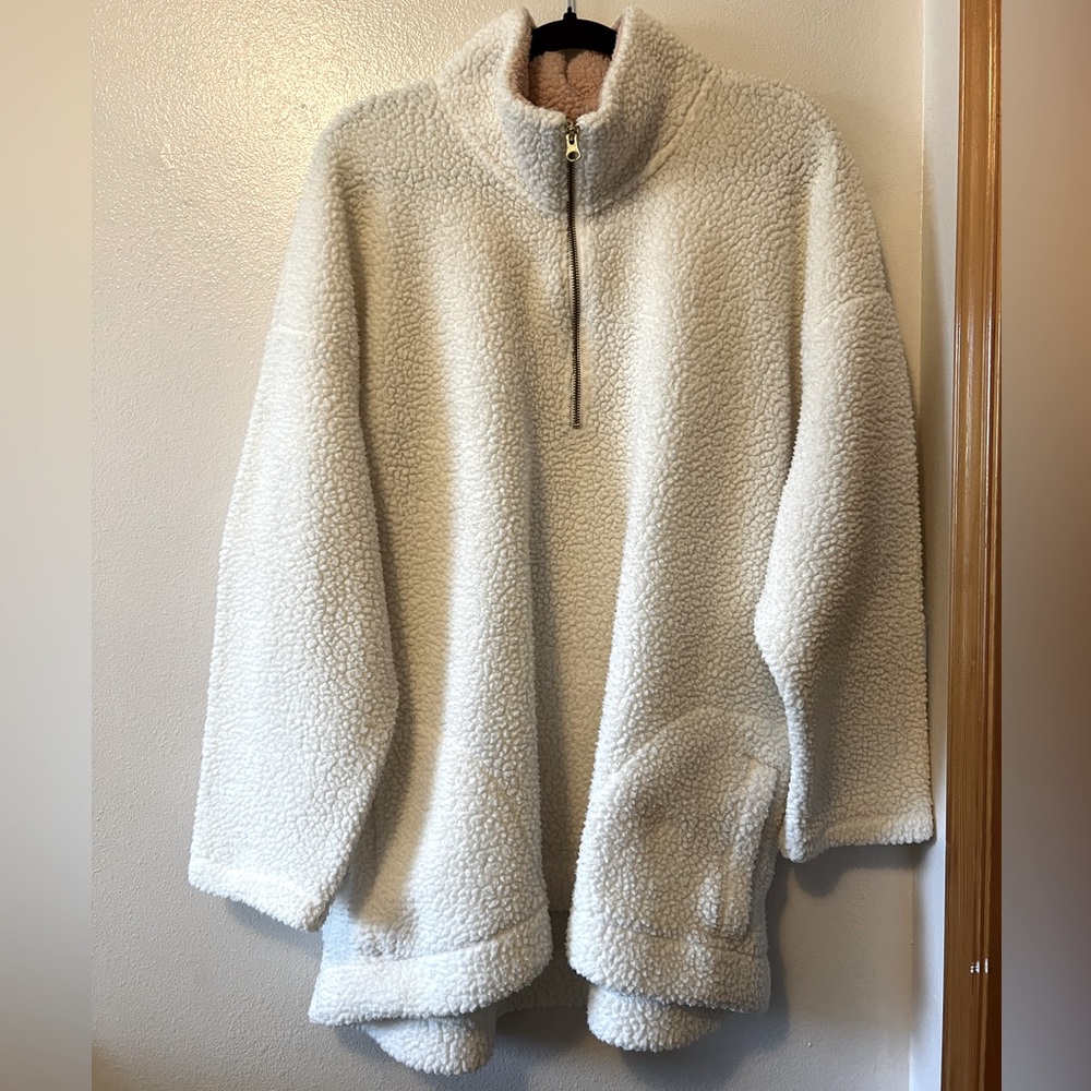 Old Navy White & Pink Fleece Sherpa Half Zip Pullover Sweater- Plus Size
